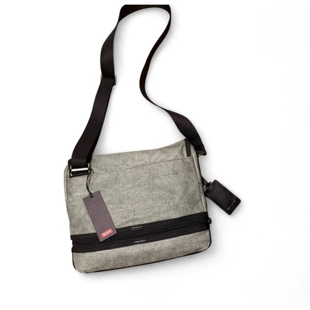 NWT Tumi Beale Crossbody Bag Gray w Black Leather Expandable Adjustable Strap
